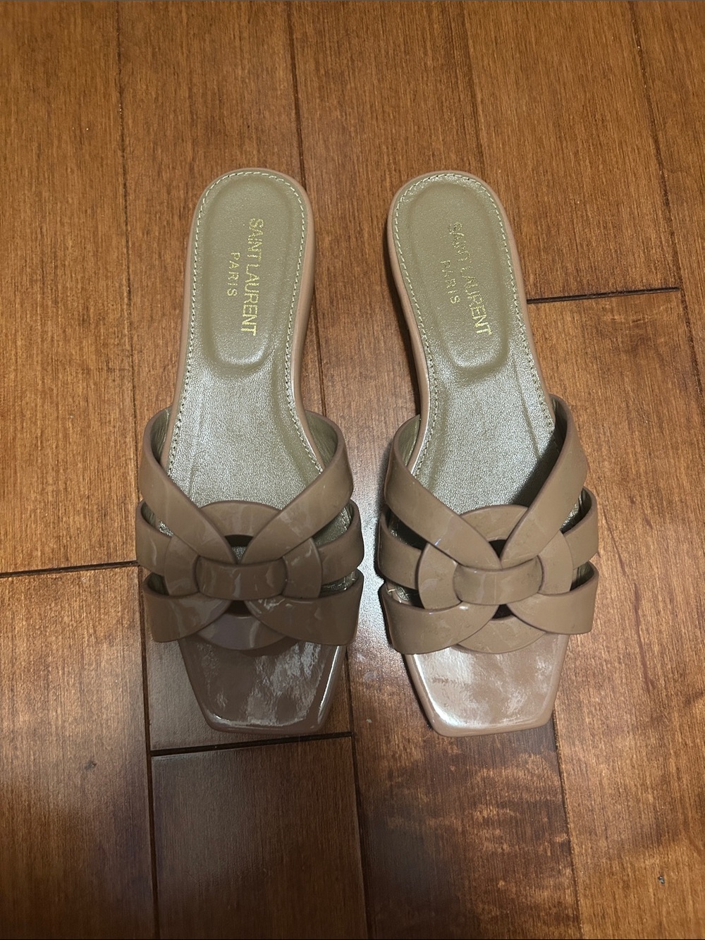 Beige Braided Patent Leather Slide Mules - *COPY*